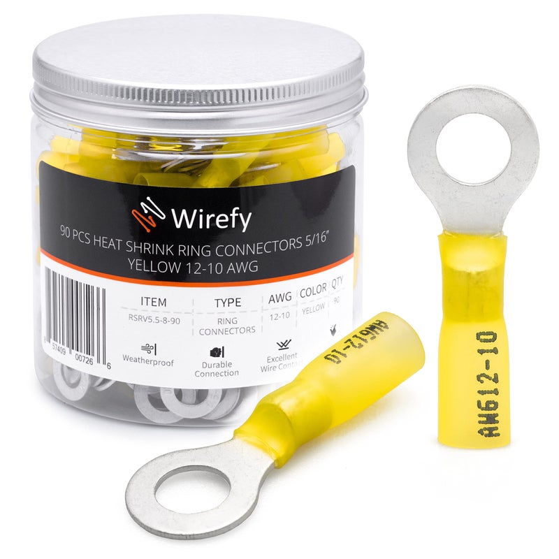 Wirefy 90 PCS Heat Shrink Ring Terminals 5/16" - Resistant Ring Connectors - Eyelet Wire Connectors - Yellow 10-12 AWG - Image 1